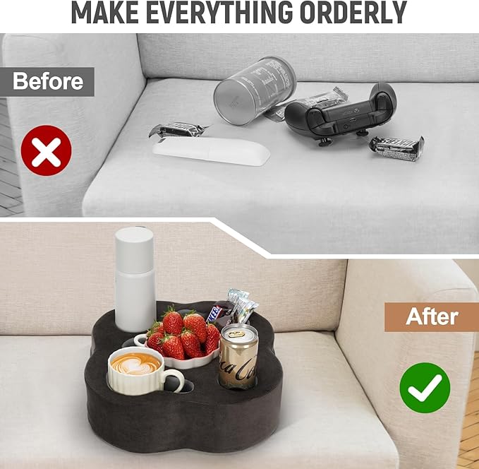 Couch Cup Holder Pillow, Sofa Organizer Caddy Bed Refreshment Tray for Drinks, Remotes, Phones, Snacks (Soot)