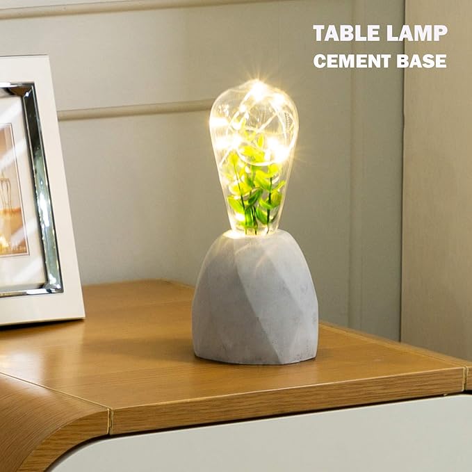 walsport Table Lamp Edison Bulb with Artificial Plant, Concrete Cement Grey Base Nightstand Bedside Lamp, Industrial Minimal Style for Cafe Shop Home Decor Christmas Birthday Christmas Gift