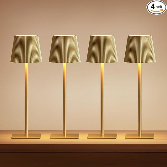 LUTEC 4 Pack Cordless Table Lamp,6000mAh Rechargeable Battery Operated Desk Lamp,Two Adjustable Heights,Waterproof, Touch Control & 3 Color Stepless Dimming for Restaurant/Bedroom/Bars/Outdoor (Gold)
