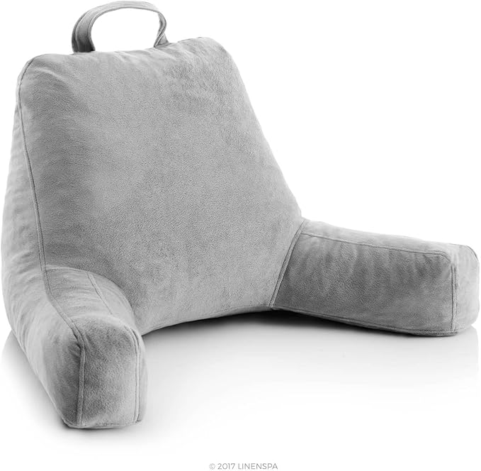 Linenspa Reading Pillow with Shredded Memory Foam- Back Pillow for Sitting in Bed, Reading, Gaming, Watching TV – Chair with Arms, Dorm Room Essentials, Stone