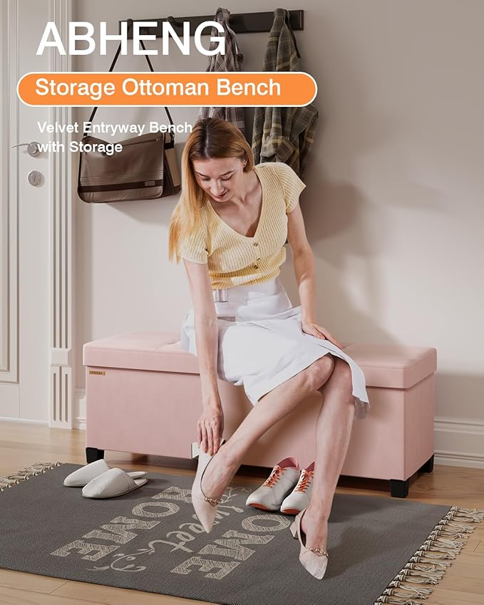 ABHENG Foldable Storage Ottoman Bench, Velvet Footrest and Seat Cube with Feet, Storage Chest, for Living Room, Bedroom and Office, 15 x 43 x 15.7 Inches, Jelly Pink, ASND24P