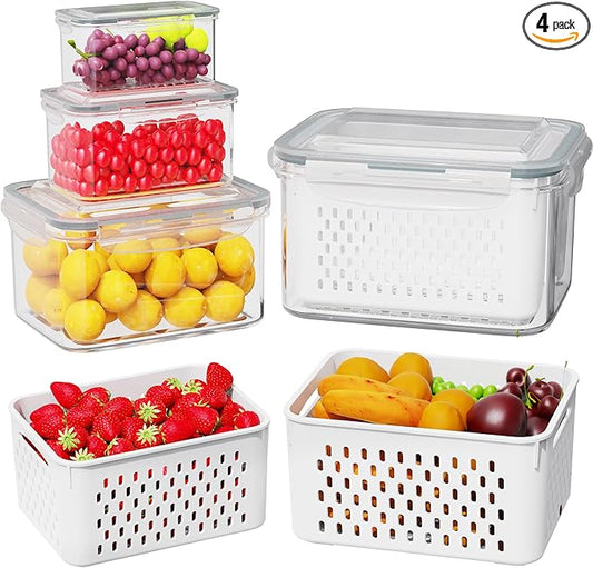 4 Pcs Fruit Storage Containers for Fridge (with Drain Basket) - Leak-Proof Food Containers, BPA-Free, Keep Fruits, Vegetables, Berries, and Meats Fresh for a Long Time, Dishwasher and Microwave Safe