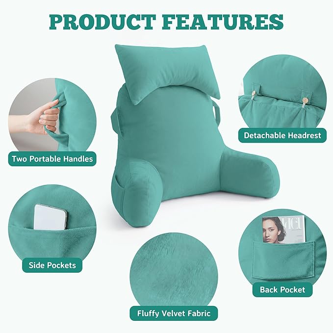 Unisakey Portable Reading Pillows with Headrest for Bed Sitting Up(Lake Blue Oeko-Tex), Velvet Back Pillow with Arms & Pockets for Adults, Support Memory Foam Bed Pillow for Dorm/Watching/Gaming