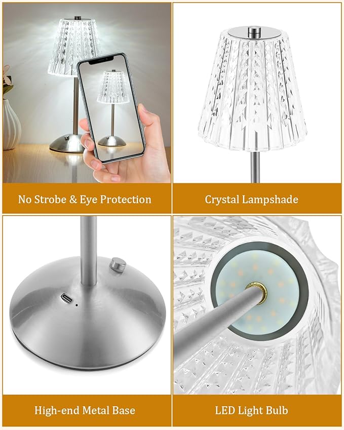 Nusogon Cordless Touch Table Lamp, LED Rechargeable Small Dask Lamp, 3 Colors Dimmable Battery Operated Crysta Lamp for Bedroom Restaurant Kitchen Home Decor,Silver