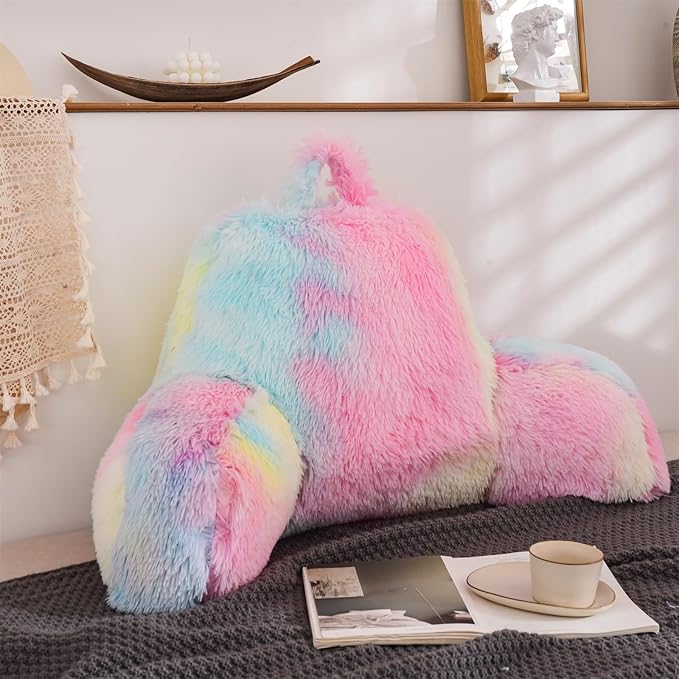 A Nice Night Faux Fur Reading Pillow Bed Wedge Large Adult Children Backrest with Arms Back Support for Sitting Up in Bed/Couch for Bedrest,YellowPink,More Large