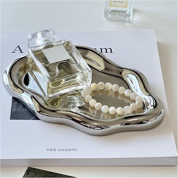 Jewelry Tray for Women, Cloud Shape Ceramic Trinket Dish, Jewelry Organizer Storage Holder for Ring Earring Bracelet Necklace, Make Up Organizer (White) (Silver)