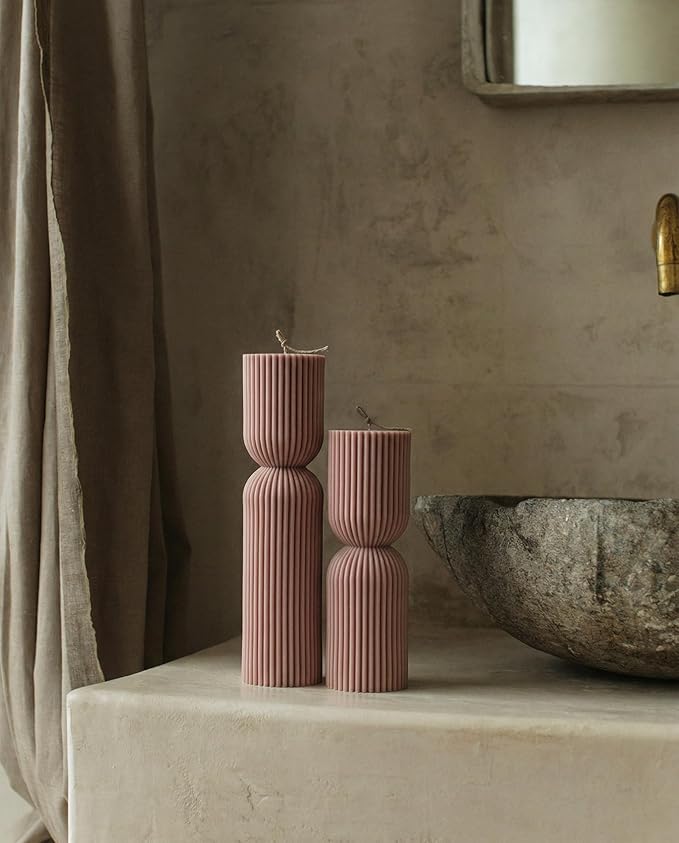 LAWA Hourglass Pillar Candle - Large Beautiful Handmade Soy Wax Candle Elegant Bubble Aesthetic Housewarming Gift Home Room Shelf Decor Idea White Dusty Rose (Set of 2)