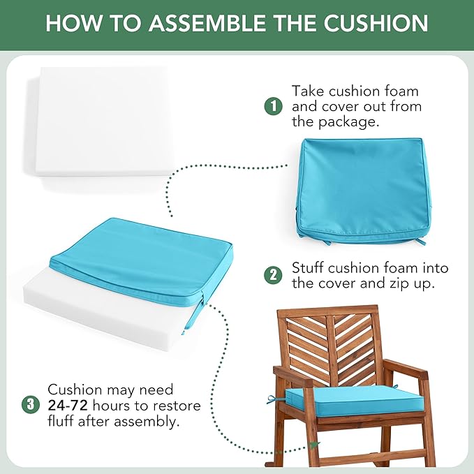 Outdoor Chair Cushions Set of 2: Waterproof & Fade Resistant Deep Seat Cushion for Patio Furniture - 24 x 24 x 3 Inch Chair Pads with Ties and Hidden Zipper - Patio Chair Cushion Replacement, Teal