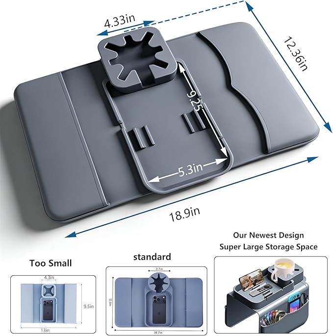 Silicone Couch Cup Holder Tray with Tablet & Phone Stand, Anti-Slip Sofa Arm Organizer with Dual Side Pockets for Remotes, Snacks, Headphones, Glasses, Drinks (Gray)