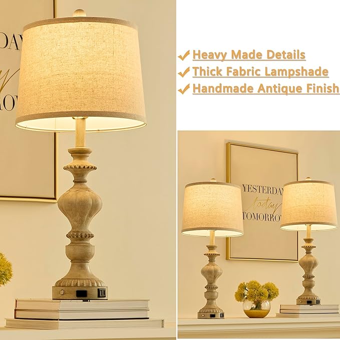 SAIWEYA 27.5" Farmhouse Table Lamps Set of 2 Bedside Nightstand Lamp with USB C+A Ports & AC Outlet, 3 Way Dimmable Touch Lamps for Bedroom Living Room Office Rustic Lamp