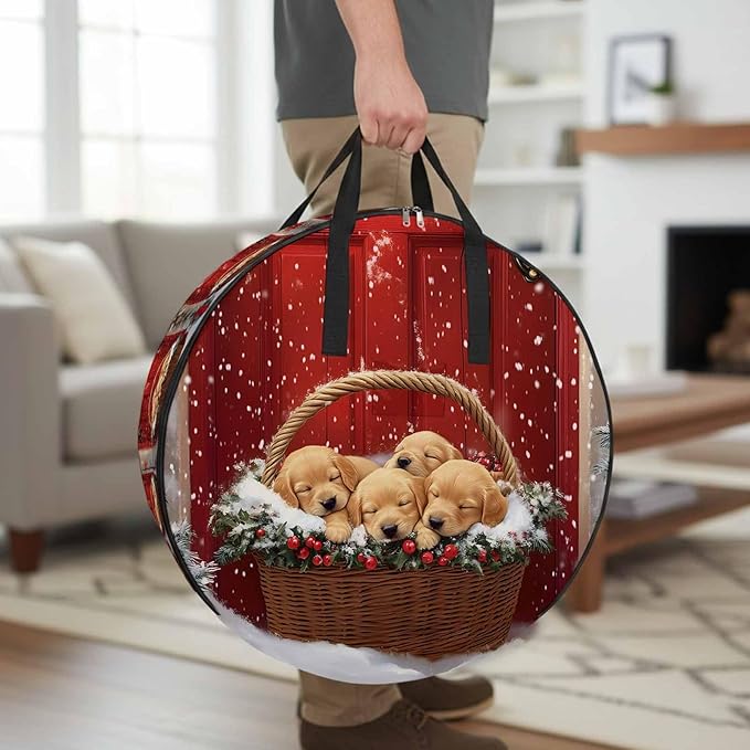 Winter Christmas Round Storage Bag 36 Inch, Golden Retriever Basket Red Front Door Clothes Storage Container with Handles Heavy Duty Organizer for Comforter, Bedding & Holiday Wreaths
