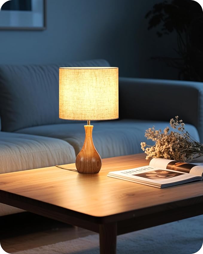Small Table Lamp, Wood Desk Lamp with Beige Linen Lampshade & Natural Wood Bottle-Shaped Base, Modern Bedside Lamp with Cable, E26 Base, Bulb Not Included, for Bedroom, Kid's Room, ME09TL05