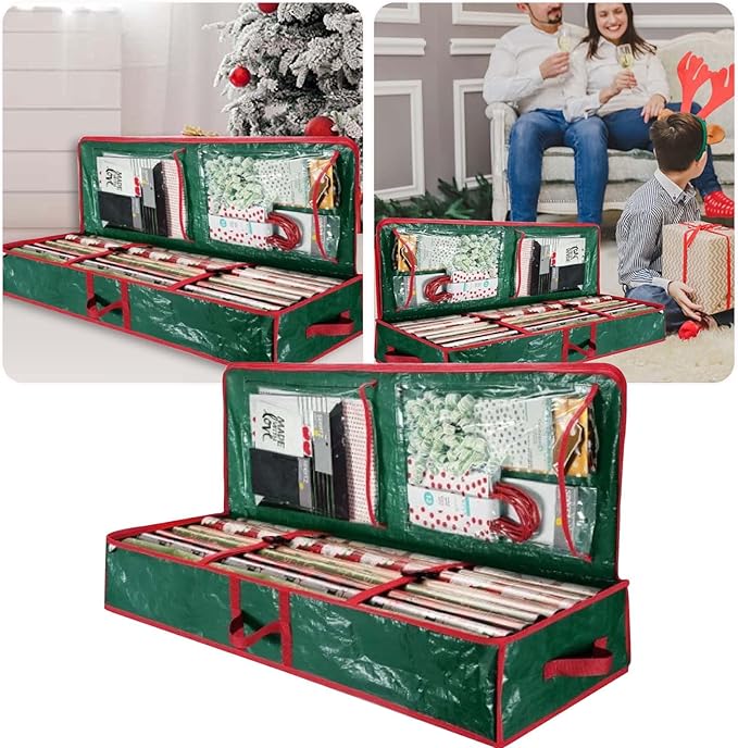 Wrapping Paper Storage Container, Xmas Gift Wrap Organizer With Pockets, Under Bed Storage Bin For All Christmas Accessories Christmas Storage Organizer (Green)