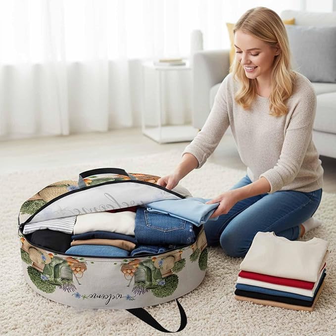30 Inch Round Storage Bag 2 Pack,Farm Lavender Egg Radish Waterproof Wreath Storage Container with Handles&Zipper Retro Flowers on Linen Closet Organizer Bags Garland Box