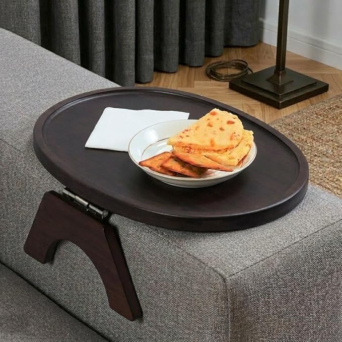 DETOR Clip-On Couch Armrest Table, 13.4" x 10" Oval Shape, Mahagony Bamboo Finish, Stainless Steel Hinges, Odor-Free Non-Slip Pads, Fits 6"–10" Armrests