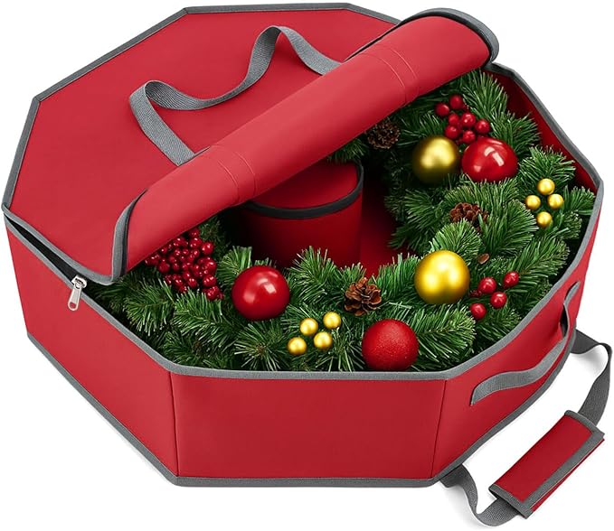 KYEVIS Christmas Wreath Storage Container, 24 Inch Tear-Resistant Dustproof Wreath Bag with Interior Pockets & Dual Handles and Zipper for Garland Ornament Holiday Decor Organizer