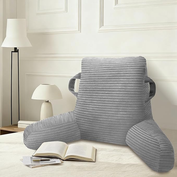Reading Pillow for Sitting in Bed Adult, Bed Reading Pillow with Shredded Memory Foam, Back Pillow for Sitting with Arms and Pockets, LightGrey