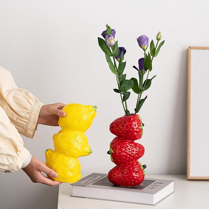 Cute Strawberry Figurine Decor Accent Piece, 7.8 inches Ceramic Strawberry Decor, Red Ceramic Bud Vase Dining Table Centerpieces for Home and Kitchen, Spring Summer Fruit Theme Vase