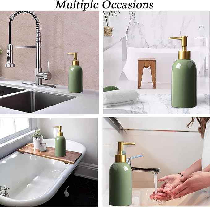 2Pack Ceramic Soap Dispenser Green with Gold Pump,Modern Design Cylindrical Lotion Dispenser Bottle,Refillable Liquid Hand Soap Dispenser for Kitchen,Bathroom,Washroom
