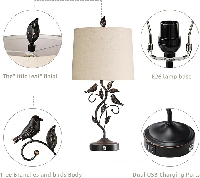 RORIANO 27" Set of 2 Touch Farmhouse Table Lamps for Living Room with 3-Way Dimmable 2 USB Ports, Vintage Rustic Iron Leaf Nightstand Lamp for Bedroom, LED Bulb Included (‎Bronze)