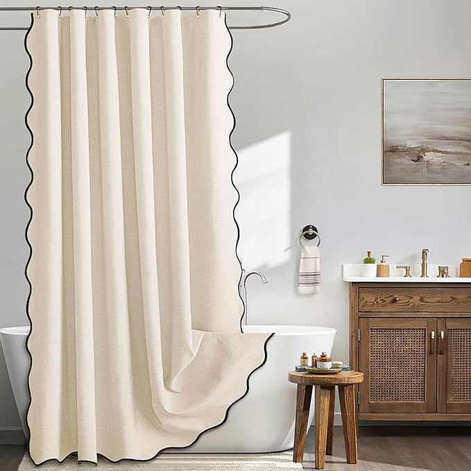 MIULEE Ivory Scalloped Shower Curtain Linen Textured with 12 Metal Hooks Cute Heavy Duty Washable Waterproof Thick Cloth Shower Curtains with Black Border for Bathroom Hotel Bathtub,W72*L78