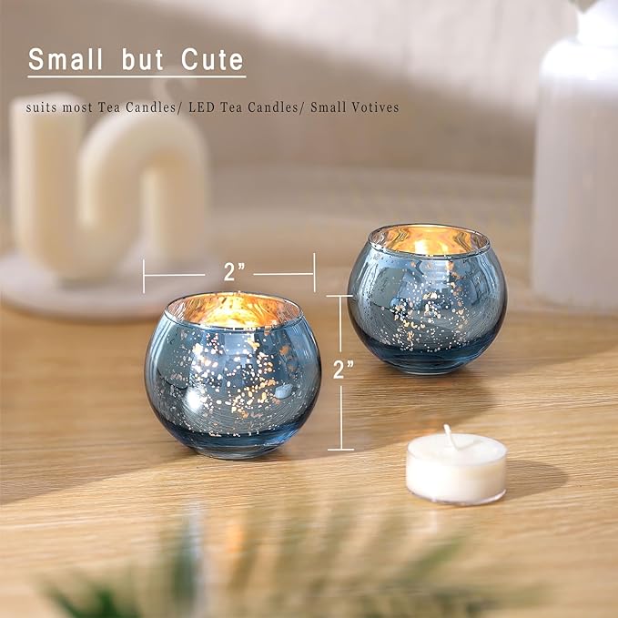 LAMORGIFT 12 Pcs Blue Votive Candle Holders- Blue Centerpieces for Tables, Round Mercury Glass Candle Holder for Bridal Shower Decorations, Wedding Decor