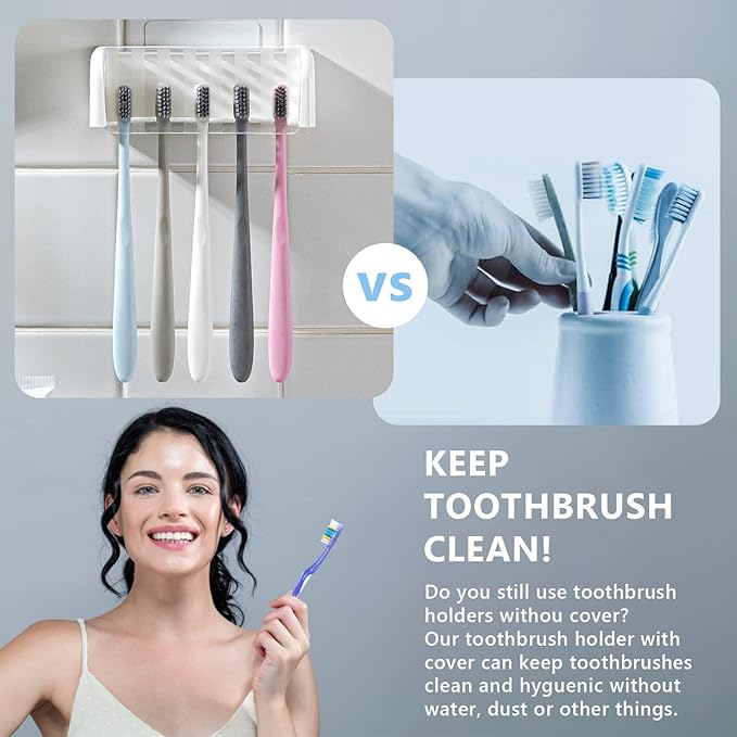 5 Slots Toothbrush Holder Wall Mount with Cover, Self Adhesive Toothbrushes Storage Organizer Perfect for Dorm Bathrooms and Shower, Holds 5 Toothbrushes. (White)