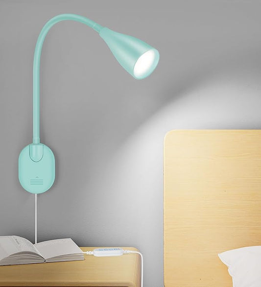 LiFMIRA Wall-Mounted LED Bedside Reading Light with USB Charging Port, 10-Level Dimmable & Adjustable 5 Color, Plug-in Adhesive Night Lamp for Books in Bed, Eye-Caring Bedroom Lighting (Teal)