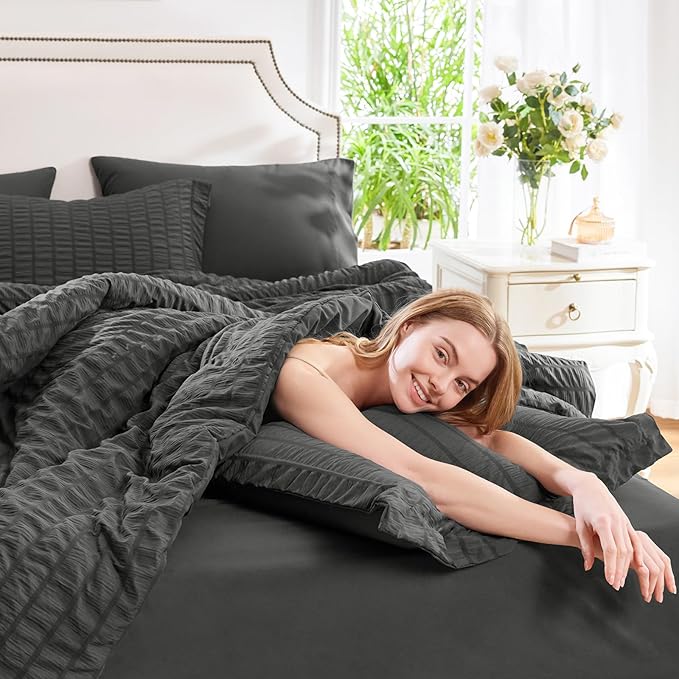 CozyLux Twin Comforter Set with Sheets 5 Pieces, Dark Grey Seersucker Textured Bed in a Bag, Dark Gray Luxury Soft Bedding Sets with Down Alternative Comforter, Sheets, Pillowcase & Sham All Seasons