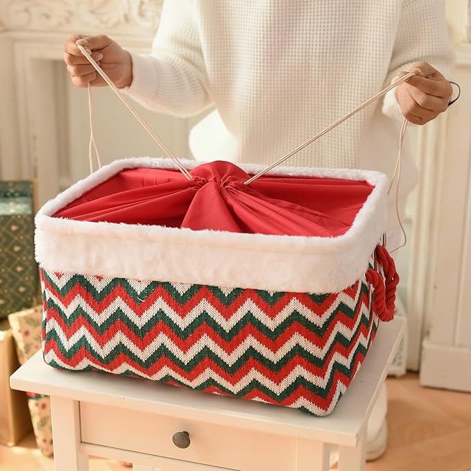INough Christmas Ornament Storage Box Holiday Decoration Organizer, Knitted with Bulky Yarn Christmas Basket for Kids Gifts Baskets Empty with Handles Santa Sack with Drawstring (Large, Green Wave)