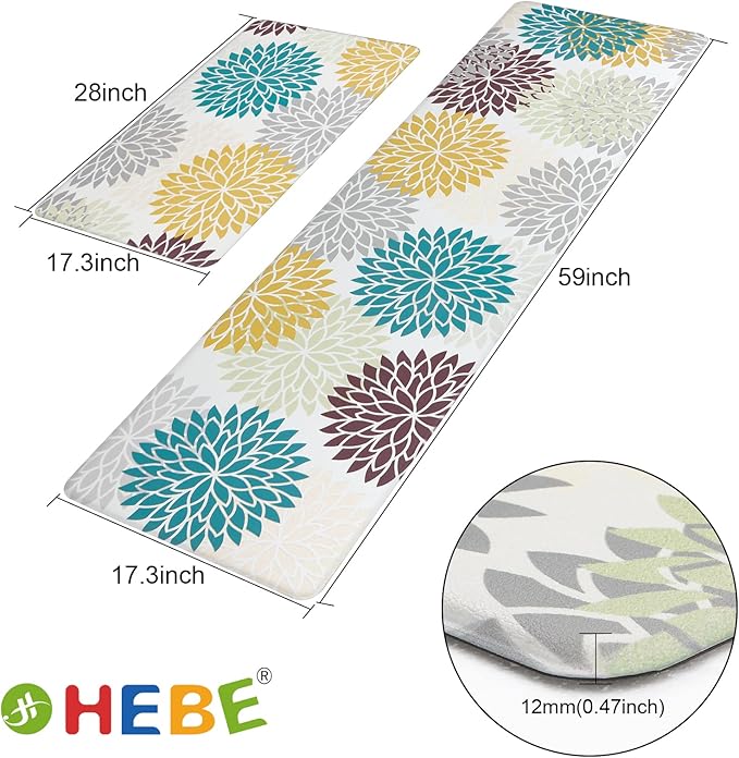 HEBE Anti Fatigue Kitchen Rugs Sets of 2, Non Slip Kitchen Mats for Floor, Waterproof Cushioned Comfort Standing Carpet for Kitchen Sink, Home Office, Laundry Room, Colorful