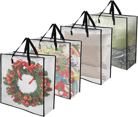 4 Piece Clear Christmas Wreath Storage Container, Large Square Gift Bag Organizer Garland Container Moving Bags Clothes Storage Bags for Xmas Seasonal Wreath Clothes Storage