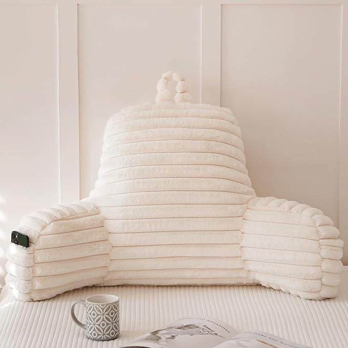 Yaoshuho Large Reading Pillow for Adults, Back Support Pillow for Sitting Up in Bed with Arms, Couch for Lounging Bedrest, Beige