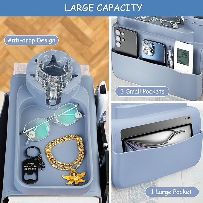 Silicone Couch Cup Holder Tray, Dirt-Resistant Silicone Couch Arm Tray for Remote, Anti-Spill Cup Holder and Anti-Slip Sofa Caddy for Snacks, Cellphone and iPad (Light Gray)