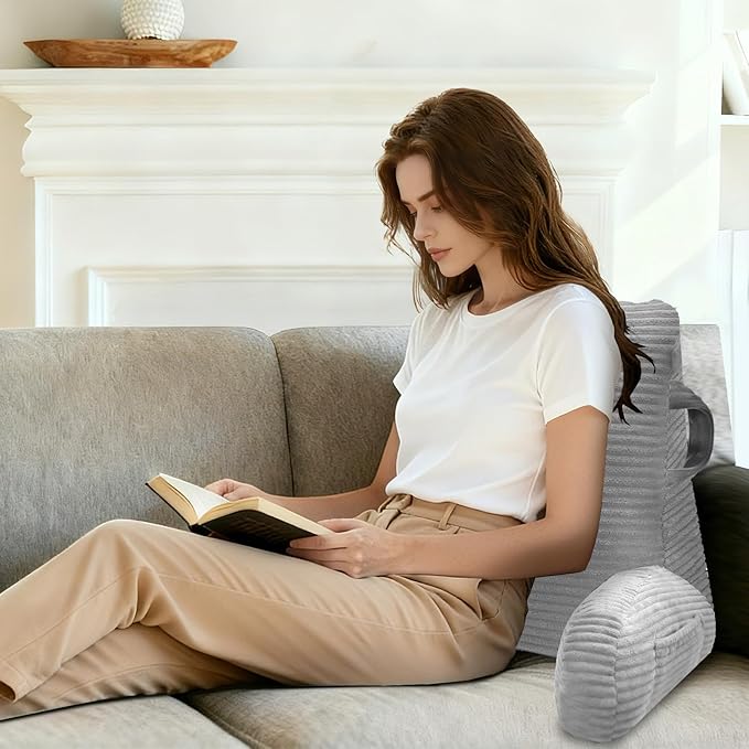 Reading Pillow for Sitting in Bed Adult, Bed Reading Pillow with Shredded Memory Foam, Back Pillow for Sitting with Arms and Pockets, LightGrey