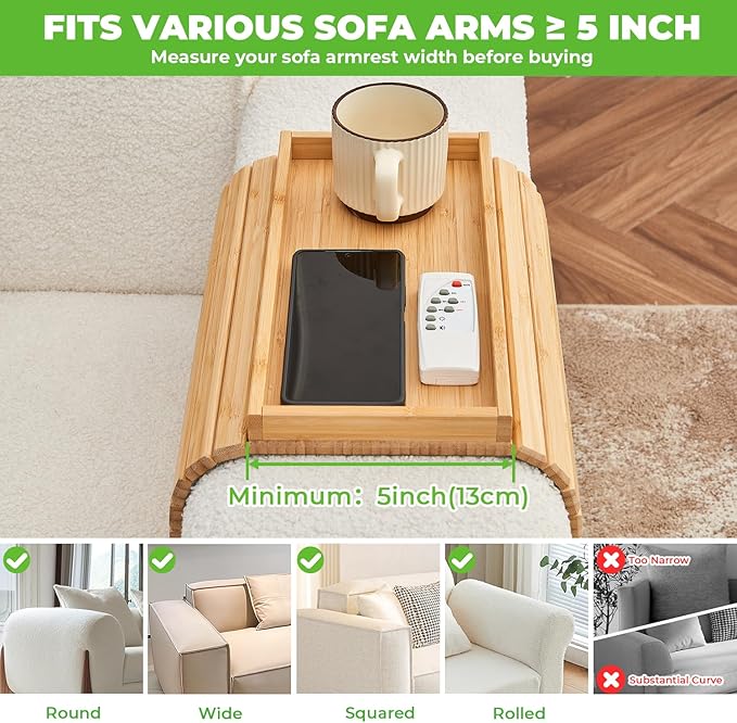 LOVYANXUE Bamboo Sofa Arm Tray, Anti Falling Couch Arm Tray Table, Foldable Couch Armrest Table, Portable Sofa Armrest Trays Cup Holder for Drink, Cups, Phone, Snacks, Remote