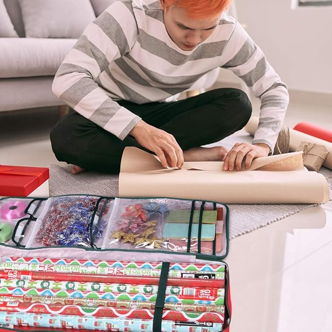 Primode Christmas Wrapping Paper Storage Box with Pockets | Long Gift Wrap Storage Container Bag (37” x 14” x 4”) Constructed of Durable 600D Oxford Material (Green)