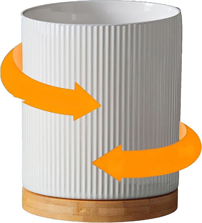 360° Rotating Utensil Holder for Kitchen Counter, 7.6'' Extra Large Utensil Caddy for Countertop, Modern Utensil Organizer for Spatula, with Rotatable Bamboo Base, White