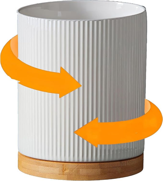 360° Rotating Utensil Holder for Kitchen Counter, 7.6'' Extra Large Utensil Caddy for Countertop, Modern Utensil Organizer for Spatula, with Rotatable Bamboo Base, White