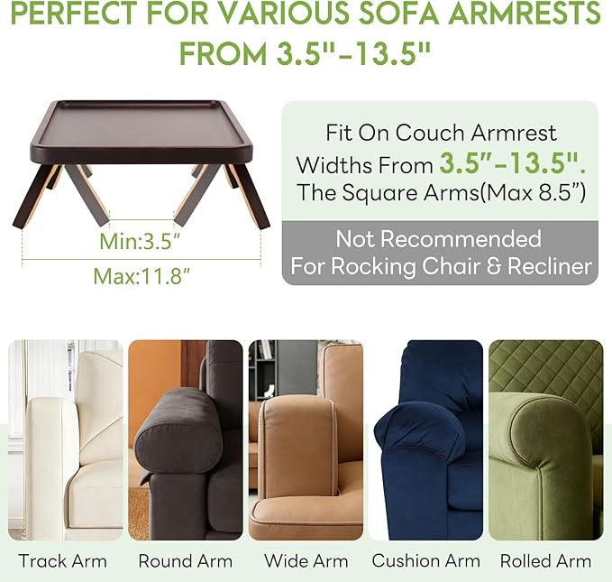 SINWANT Couch Arm Table,Bamboo Sofa Arm Clip on Tray Tables,Couch Armrest Table Suitable for Home Drinks/Eat/Fruit, Snack Chair Tray for Drink Eating