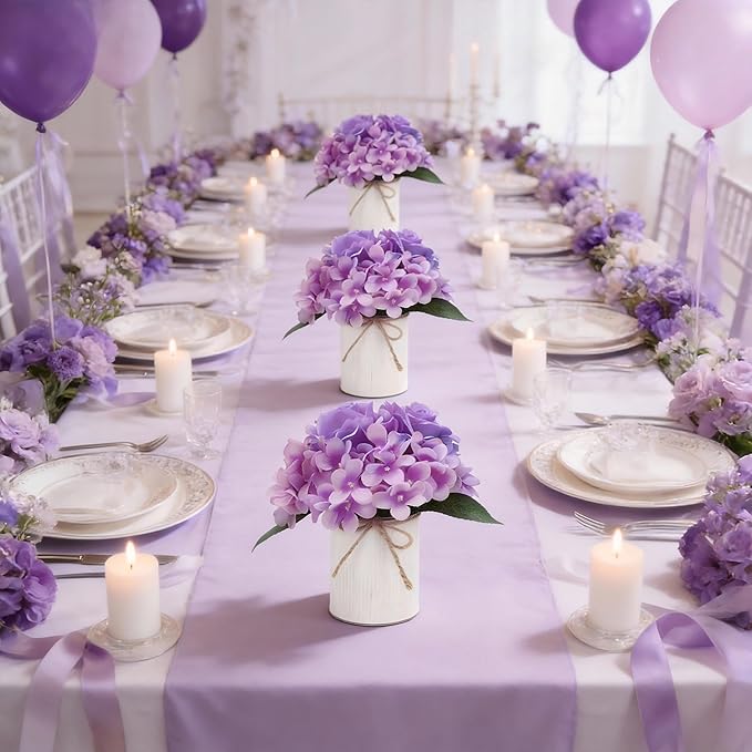 Flower Table Centerpieces - Set of 6 Floral Arrangement Artificial Wedding Hydrangeas Floral Arrangement with Rustic Metal Vase for Bridal Tea Party Event Decorations - Purple