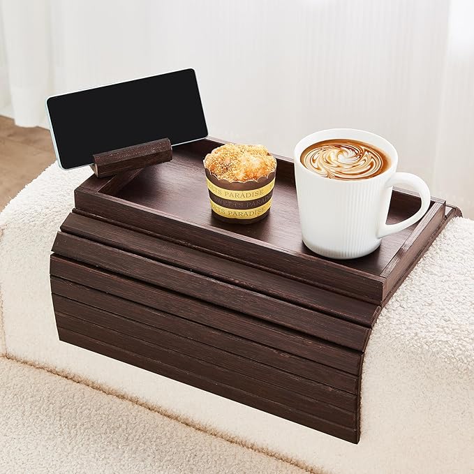 LOVYANXUE Bamboo Sofa Arm Tray, Anti Falling Couch Arm Tray Armrest Table with 360° Rotating Phone Holder, Foldable and Portable Sofa Armrest Trays Cup Holder for Drink,Cups, Phone, Snacks, Remote