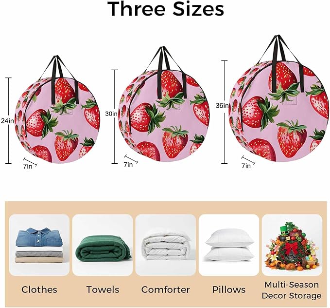 Strawberry Round Storage Bag 36 Inch, Red Plant Fruit Watercolor Pink Background Clothes Storage Container with Handles Heavy Duty Organizer for Comforter, Bedding & Holiday Wreaths