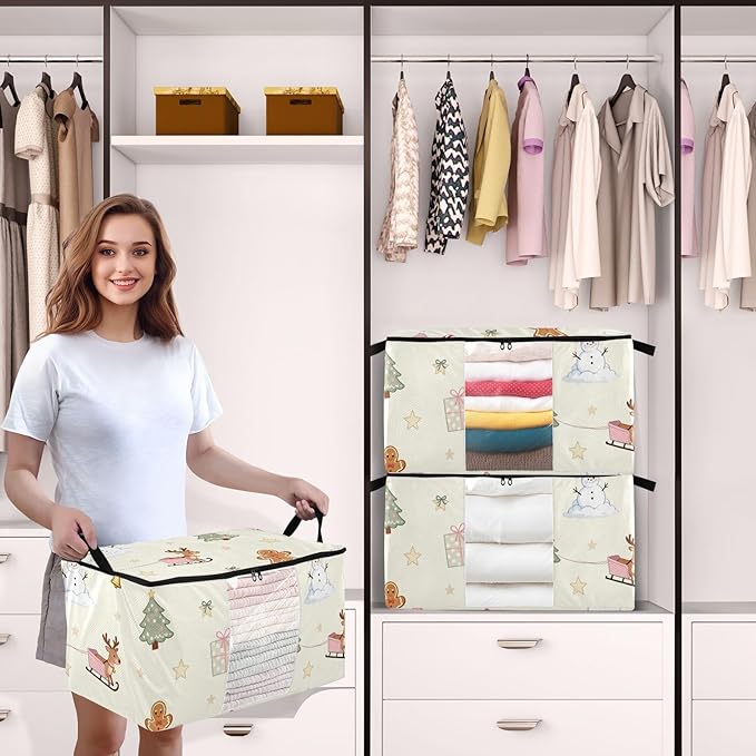 2 Pack Bed Sheet Storage Bags Stackable Storage Closet Foldable Closet Shelving Organizer Storage Box Christmas Tree Snowman Pink