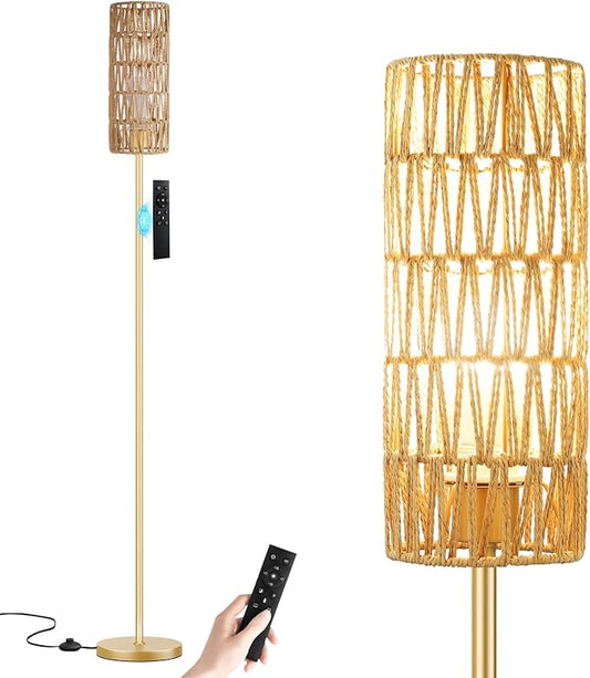 Ambimall 64'' Floor Lamps for Living Room with Remote Control and Stepless Dimmable Colors Temperature & Brightness, Boho Gold Standing Lamp with Beige Rattan Shade