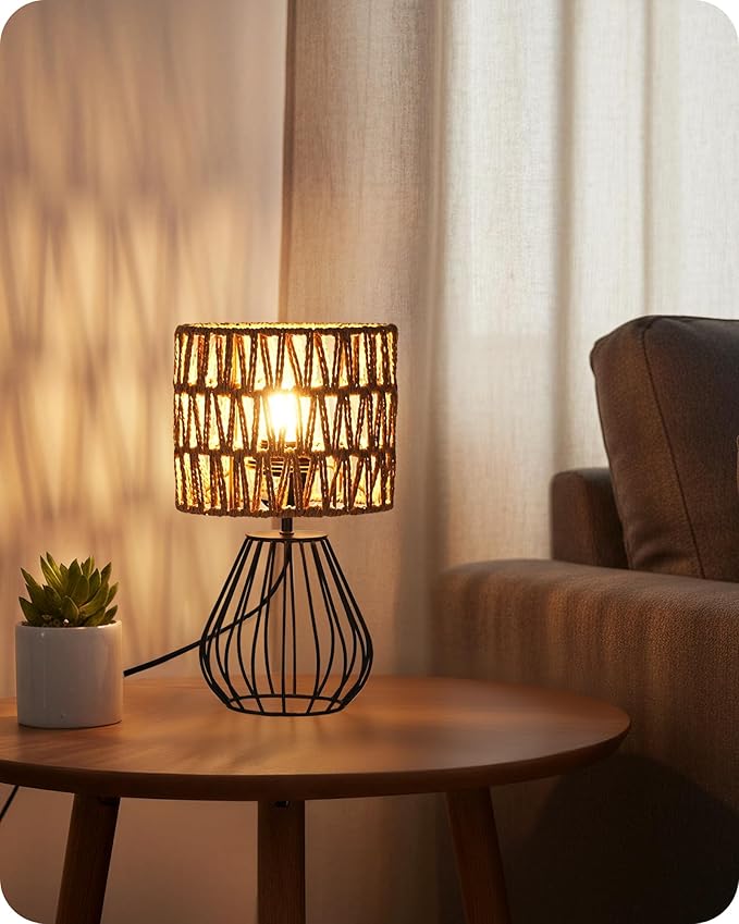 Rattan Table Lamp, Boho Table Lamp, Small Bedside Lamp, Handwoven Paper Lampshade, 2700K LED Bulb Included, Boho Desk Lamp, Modern Nightstand Lamp for Bedroom, Living Room, HW06TL05