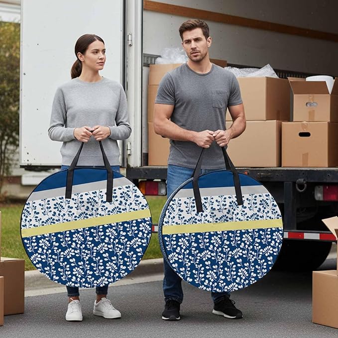 Storage Bag Blue Yellow Leaves Round Storage Totes Bins Closet Organizers with Zippers & Handle Stitching Stripes Clothes Storage Container for Bedroom Dorm Space Saving Packing Supplies Moving Bags