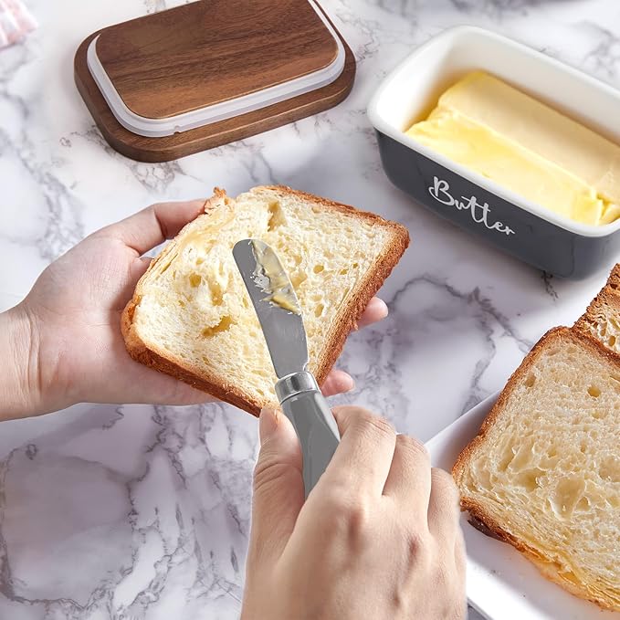 ALELION Ceramic Butter Dish with Lid and Knife for Countertop, Airtight Butter Keeper for Counter or Fridge, Butter Container with Thick Acacia Wood Lid, for Kitchen Decor and Accessories, Gray