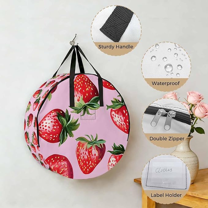 Strawberry Round Storage Bag 24 Inch, Red Plant Fruit Watercolor Pink Background Clothes Storage Container with Handles Heavy Duty Organizer for Comforter, Bedding & Holiday Wreaths