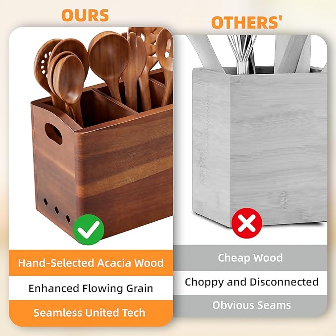 Natural Acacia Wood Utensil Holder for Kitchen Counter (X-Large), 4 Compartment with Removable Dividers 15.7"x7.2"x5.04", Extra Large Cooking Utensil Organizer - Anti-Scratch Bottom